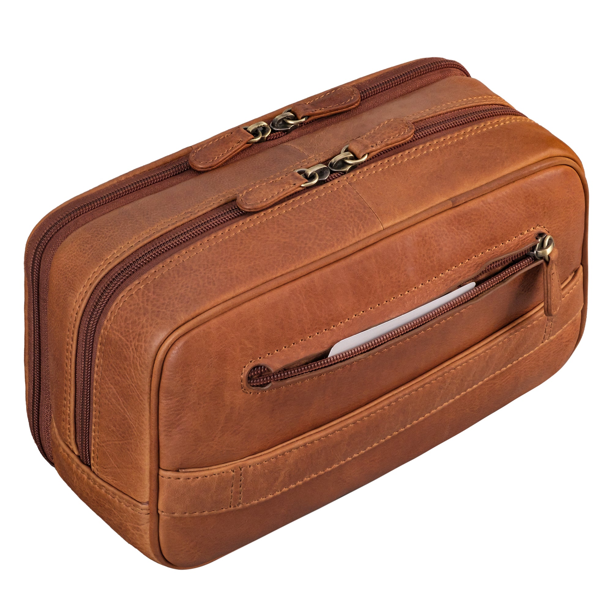Kulturtasche groß Leder cognac
