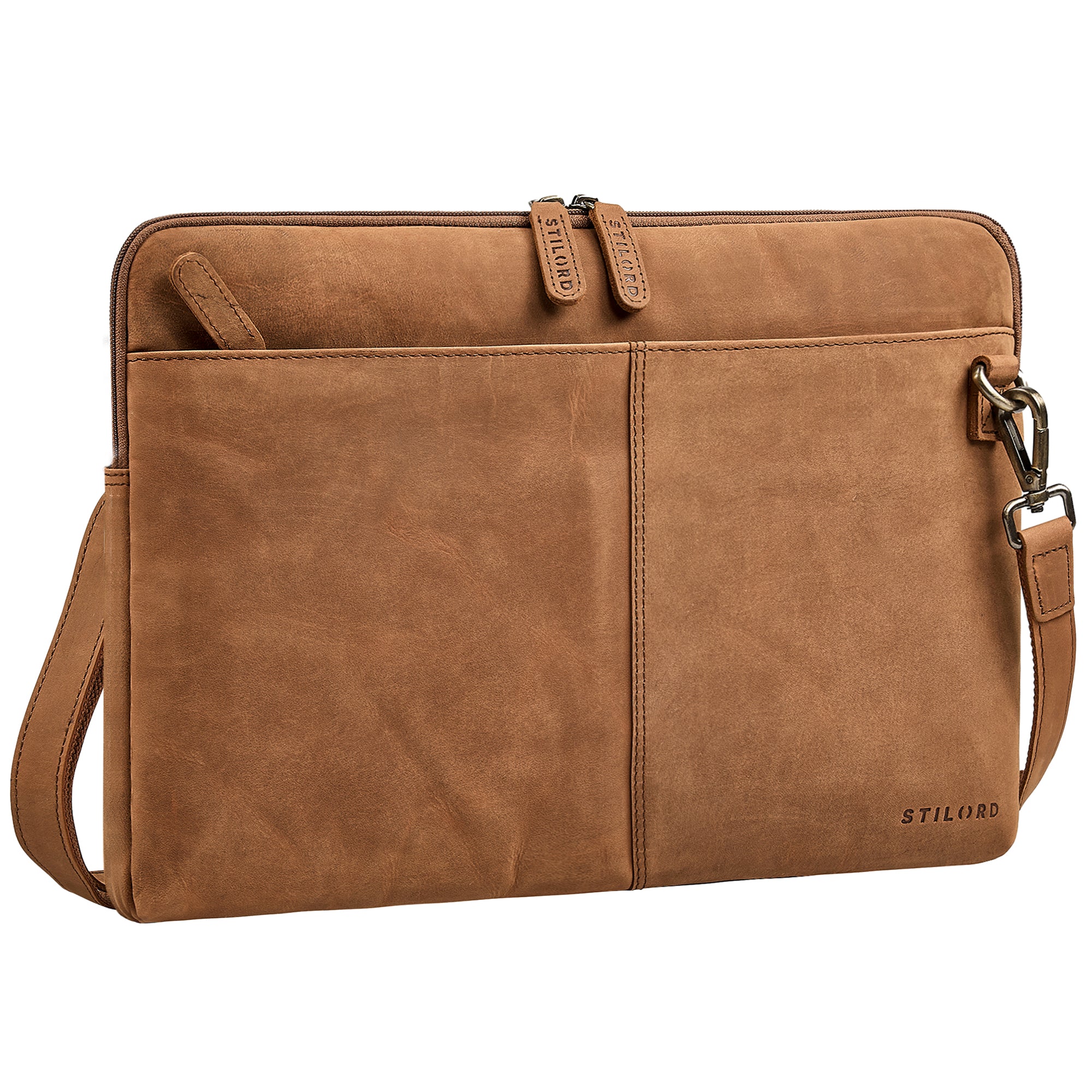 Schlanke Vintage Laptoptasche 15.6 Zoll Leder Hellbraun mit abnehmbaren Schultergurt