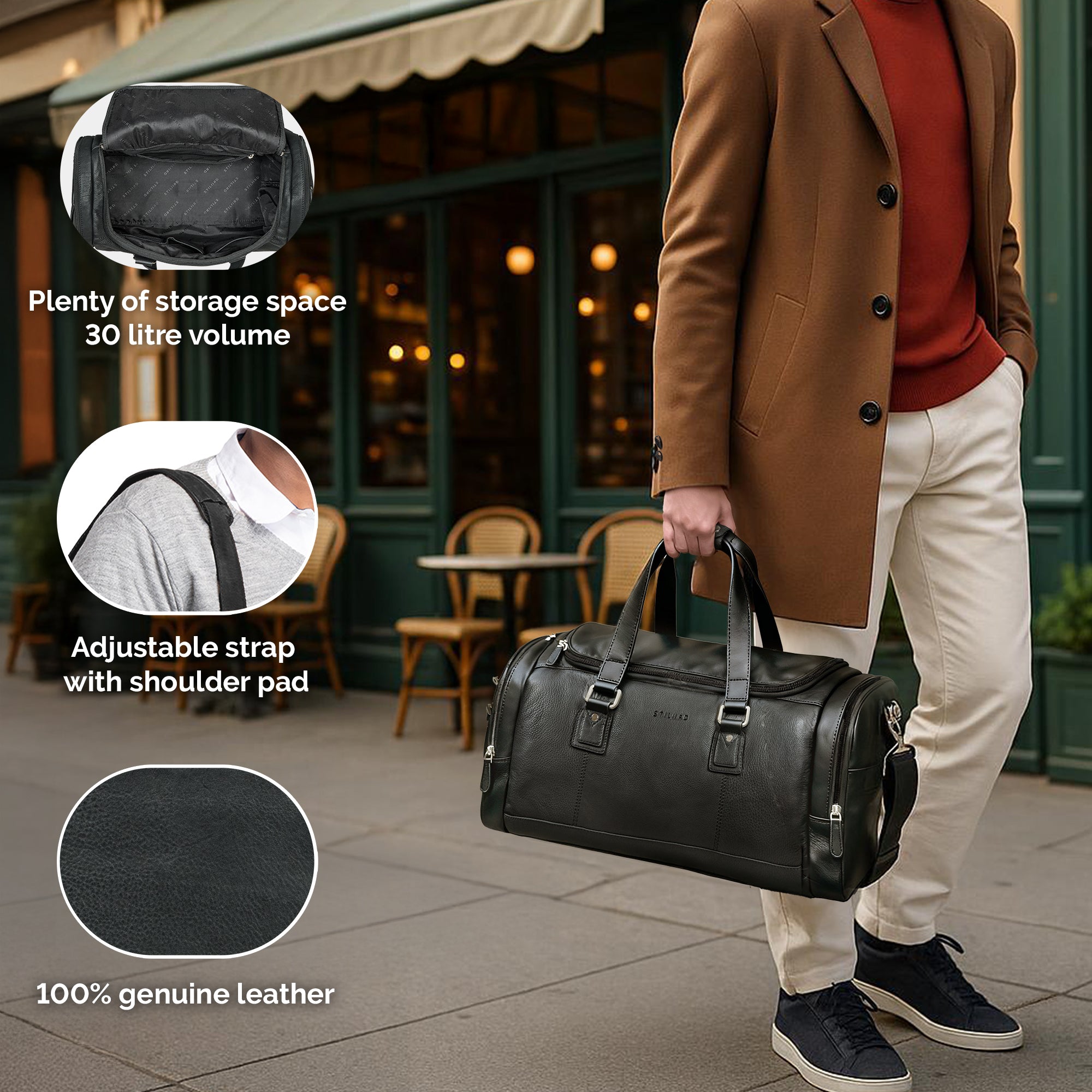 small duffle bag gym leather black