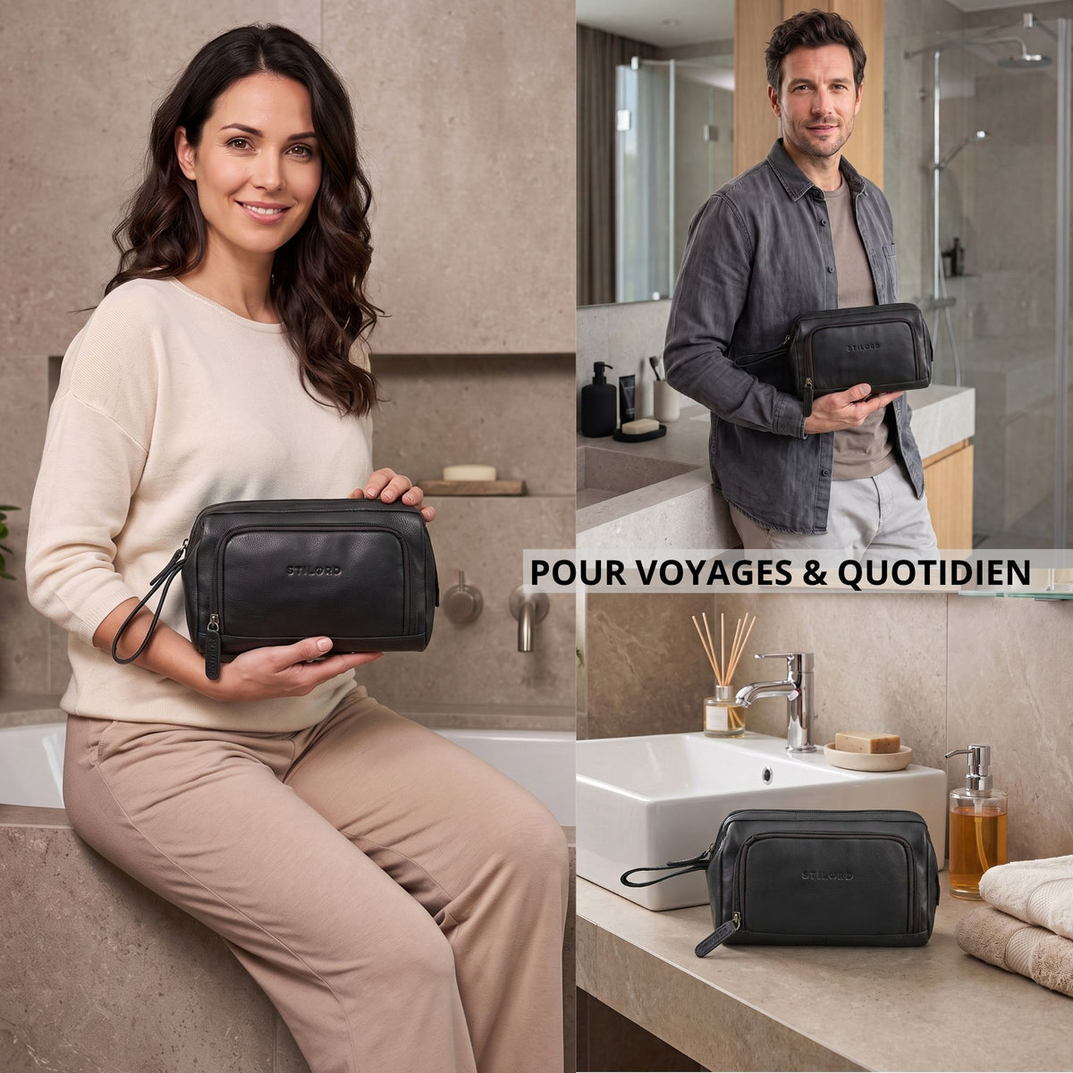 Trousse Henry en cuir noir avec logo STILORD embossé et anse poignet, vue de face, sur lavabo et tenue par modèles en salle de bain