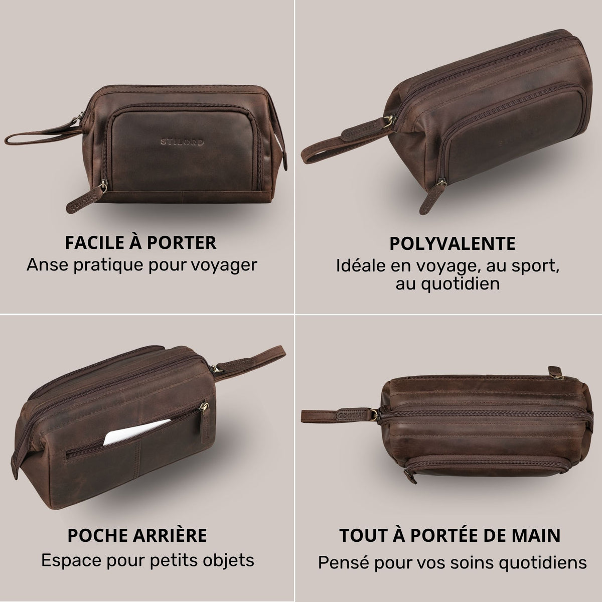 Trousse de toilette en cuir zamora marron, quatre vues : face, vue inclinée, poche arrière et vue de dessus, embossage STILORD visible