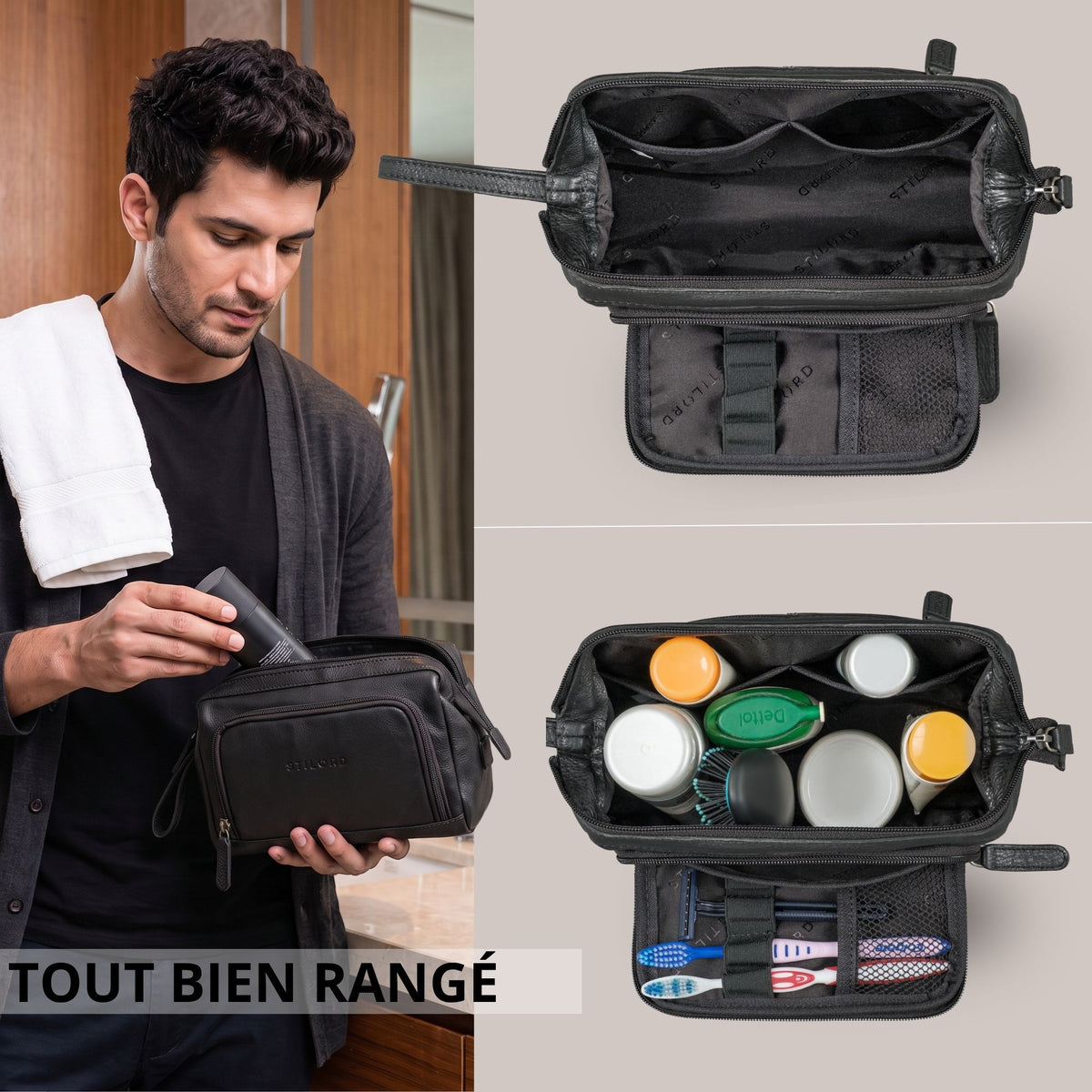 Trousse de toilette cuir noir Henry, vue dessus ouverte avec compartiments intérieurs et poche filet, homme range un tube