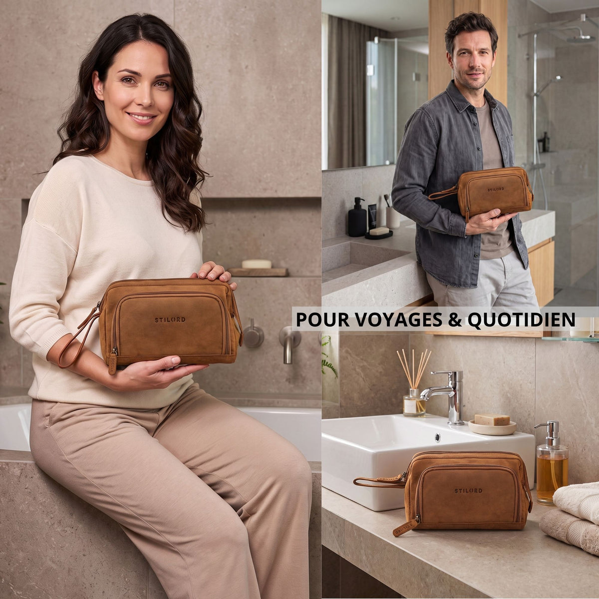 Trousse de toilette en cuir tan avec estampage STILORD, tenue par personnes et gros plan sur lavabo