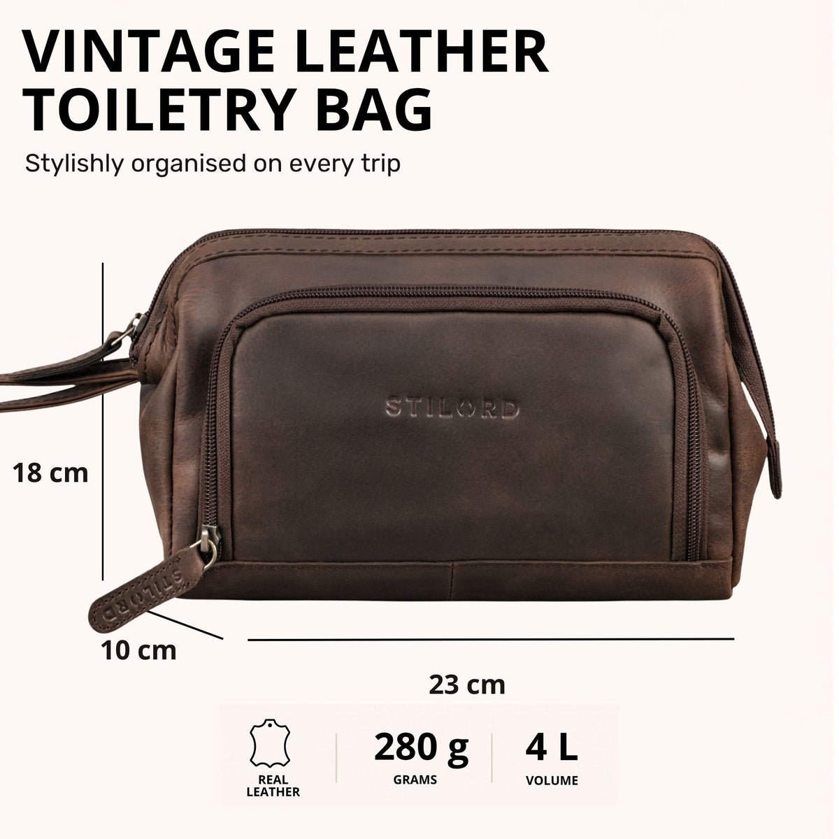 Trousse de toilette en cuir véritable zamora marron, vue de face avec logo STILORD embossé et mesures visibles