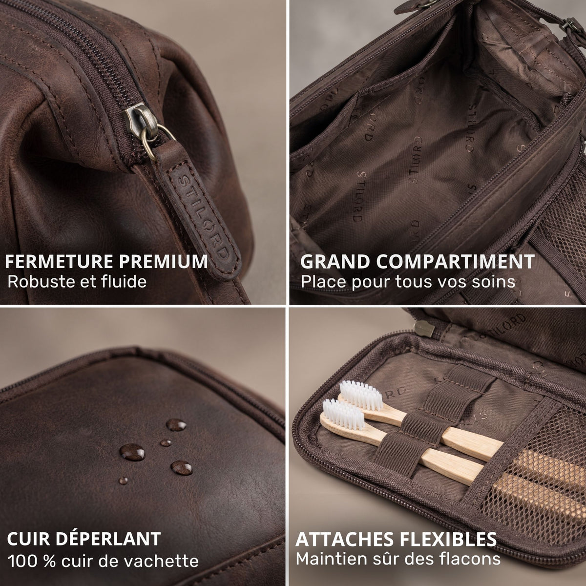 Trousse Henry en cuir Zamora brun, gros plans: tirette gaufrée STILORD, grand compartiment, cuir déperlant, attaches élastiques