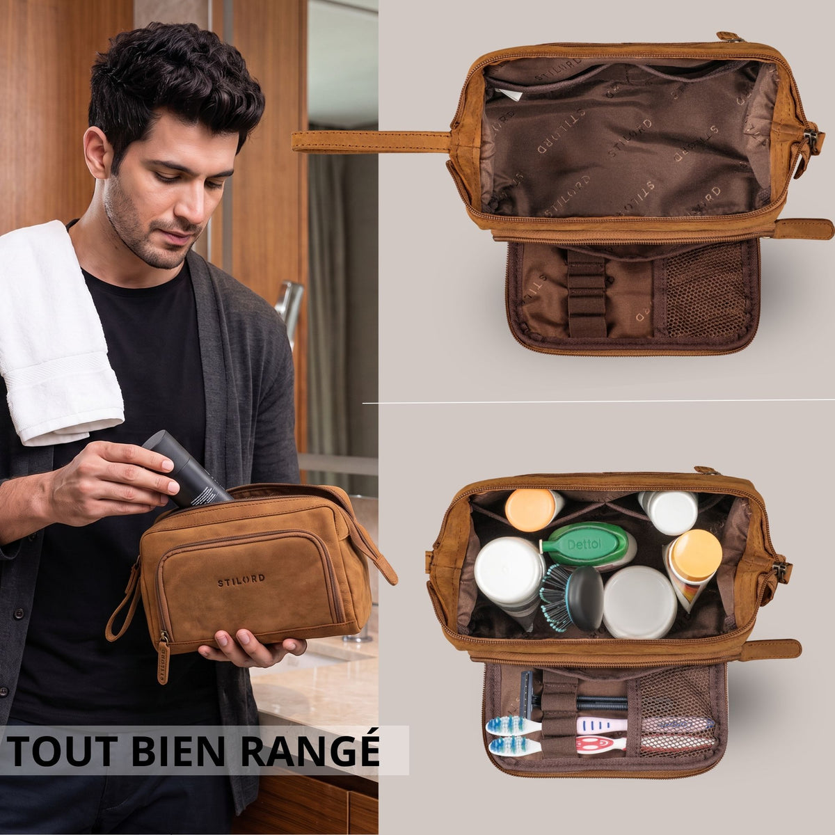Homme glisse un déodorant dans une trousse en cuir tan Henry avec estampille STILORD; vues ouvertes montrent compartiments et accessoires.