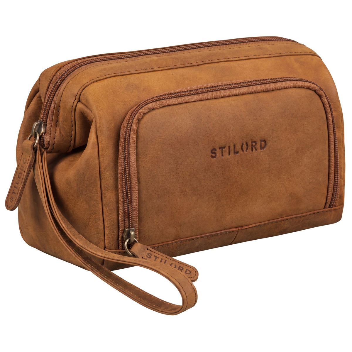 Trousse de toilette en cuir couleur tan et brun foncé, vue latérale avec poignée, poches zippées et logo STILORD embossé