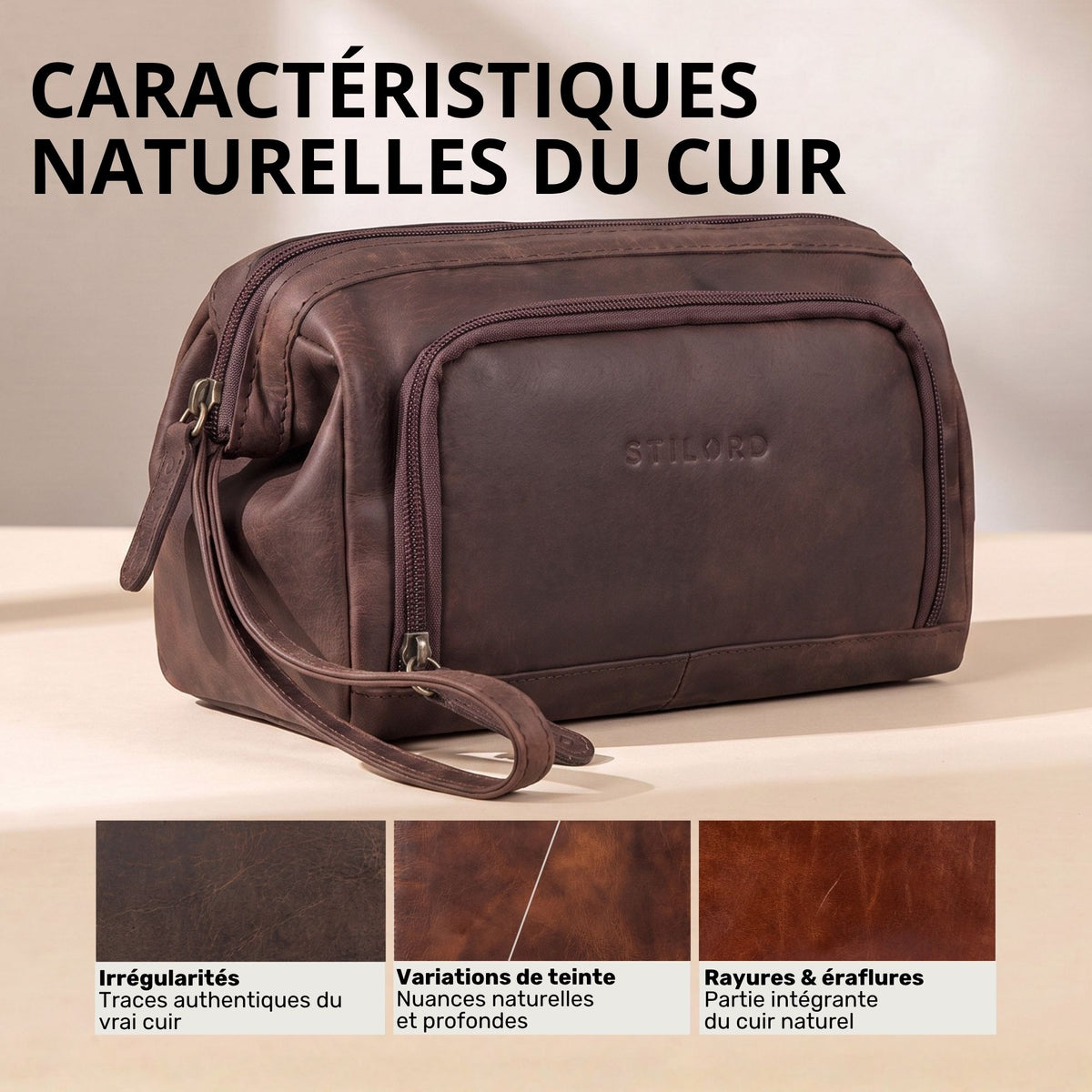 Trousse de toilette en cuir zamora brun, vue latérale avec logo STILORD embossé et poignée