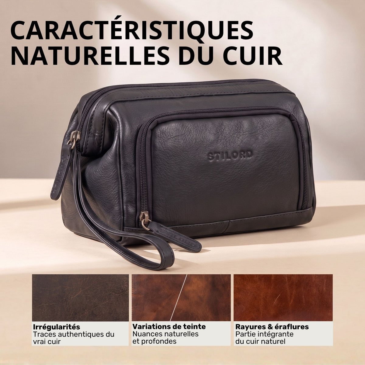 Trousse de toilette en cuir noire Henry, vue avant avec marquage STILORD et poignée