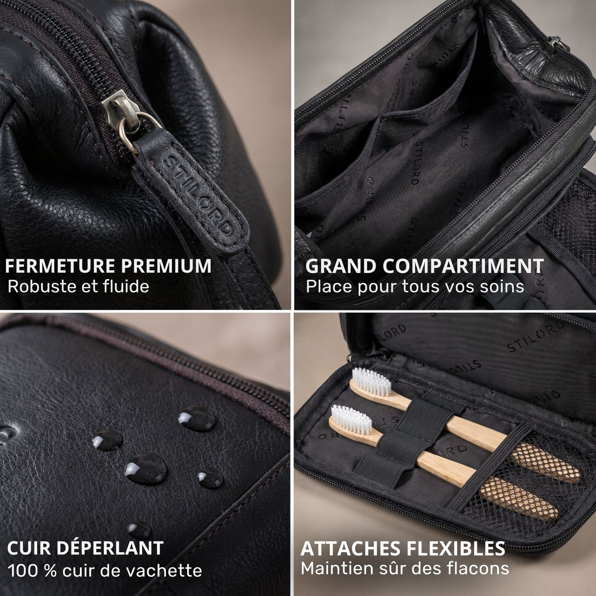 Trousse de toilette cuir noir Henry, gros plan fermeture avec marquage STILORD, compartiments intérieurs, cuir déperlant, sangles élastiques