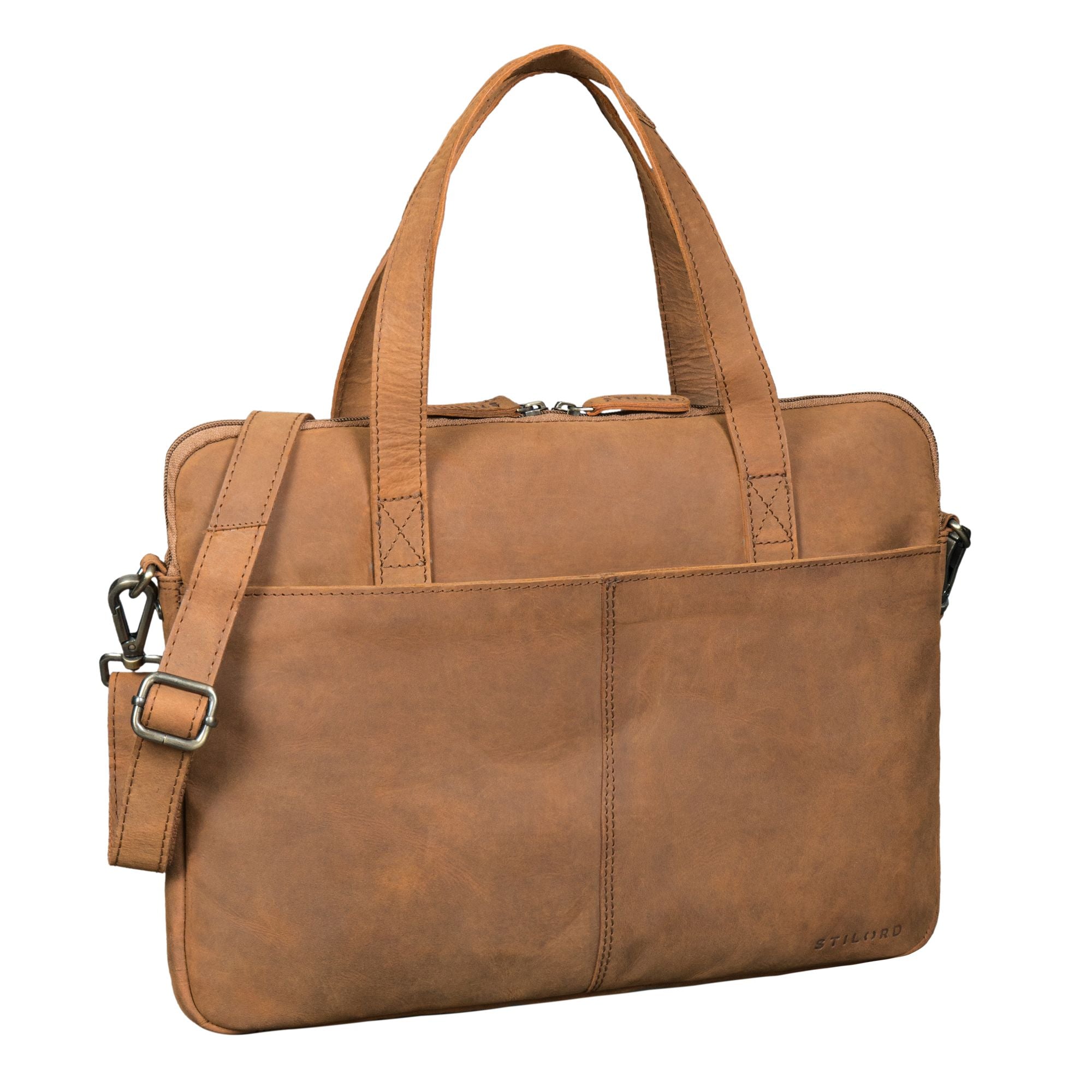 Schmale Laptoptasche 15.6 Zoll Leder Aktentasche Herren Braun mit Schultergurt & Griff