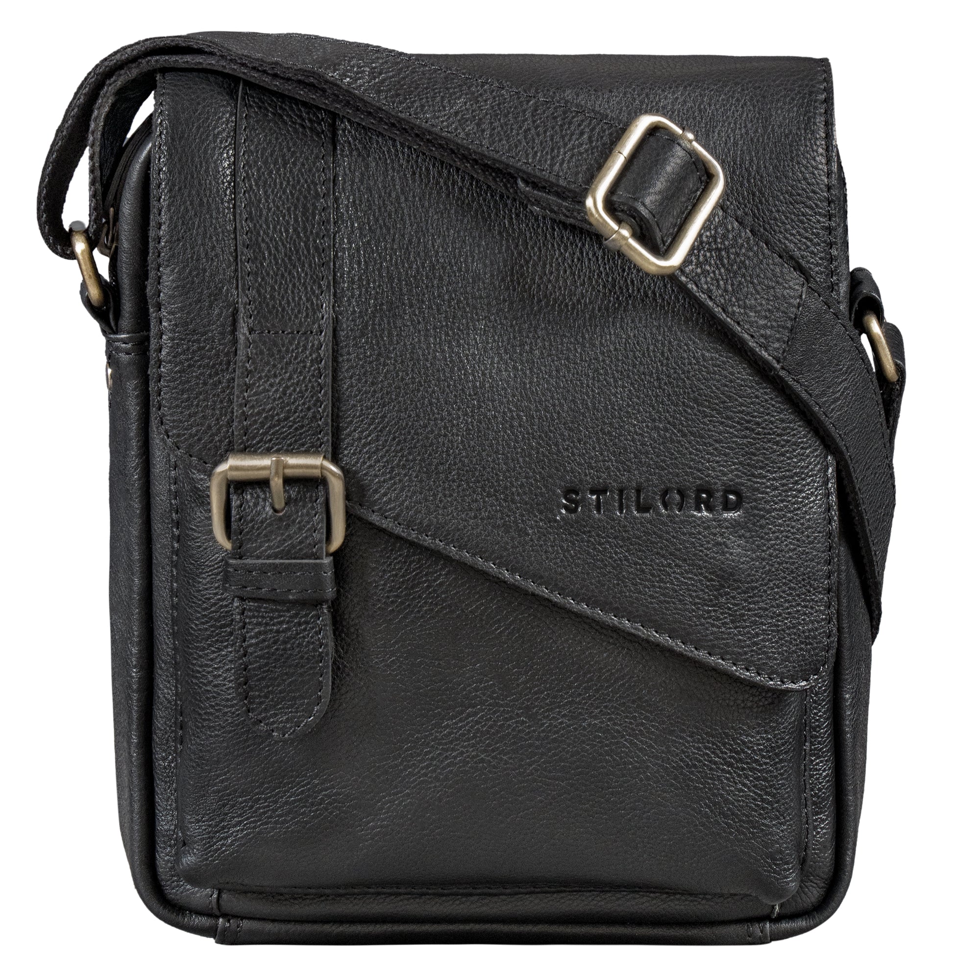 Kleine Schwarze Herrenhandtasche Leder für 8 Zoll Tablet mit Magnetverschluss und Schnalle