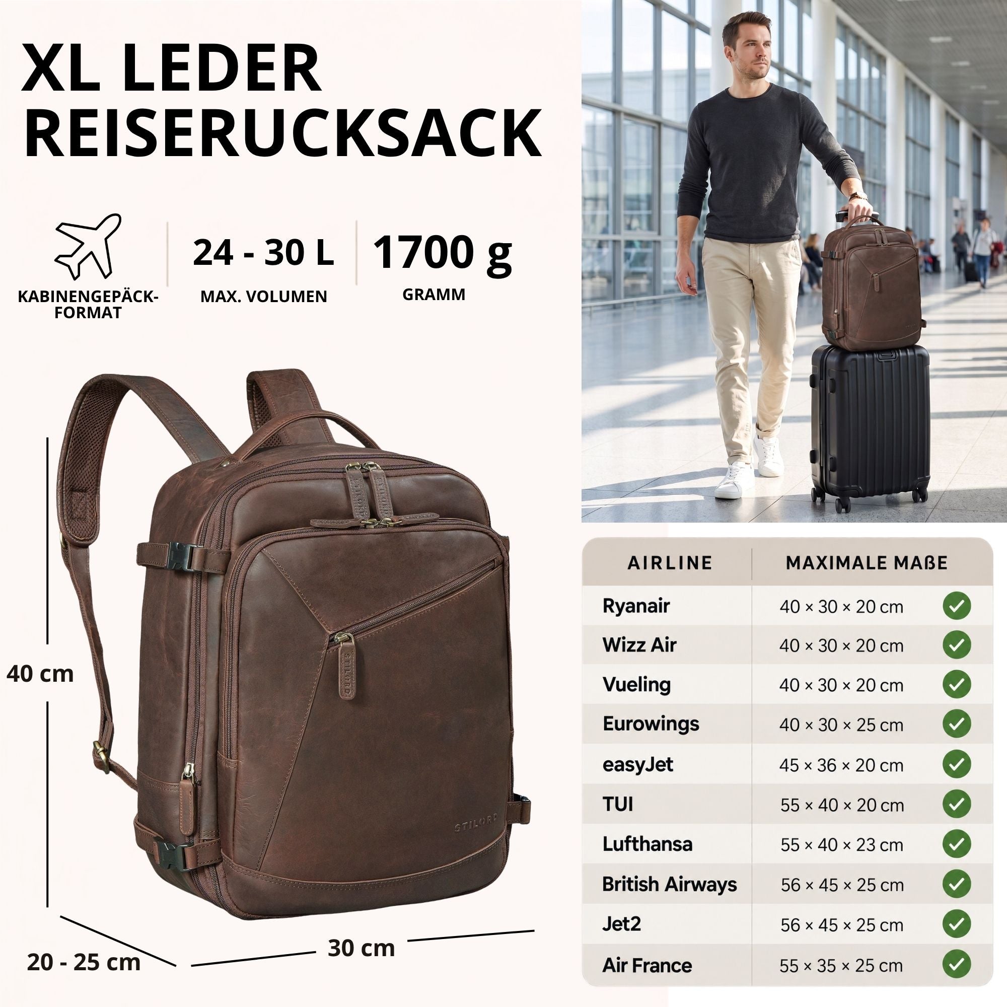 Brauner XL-Leder-Reiserucksack, 3/4-Ansicht mit Maßen; rechts Mann am Flughafen mit Trolley