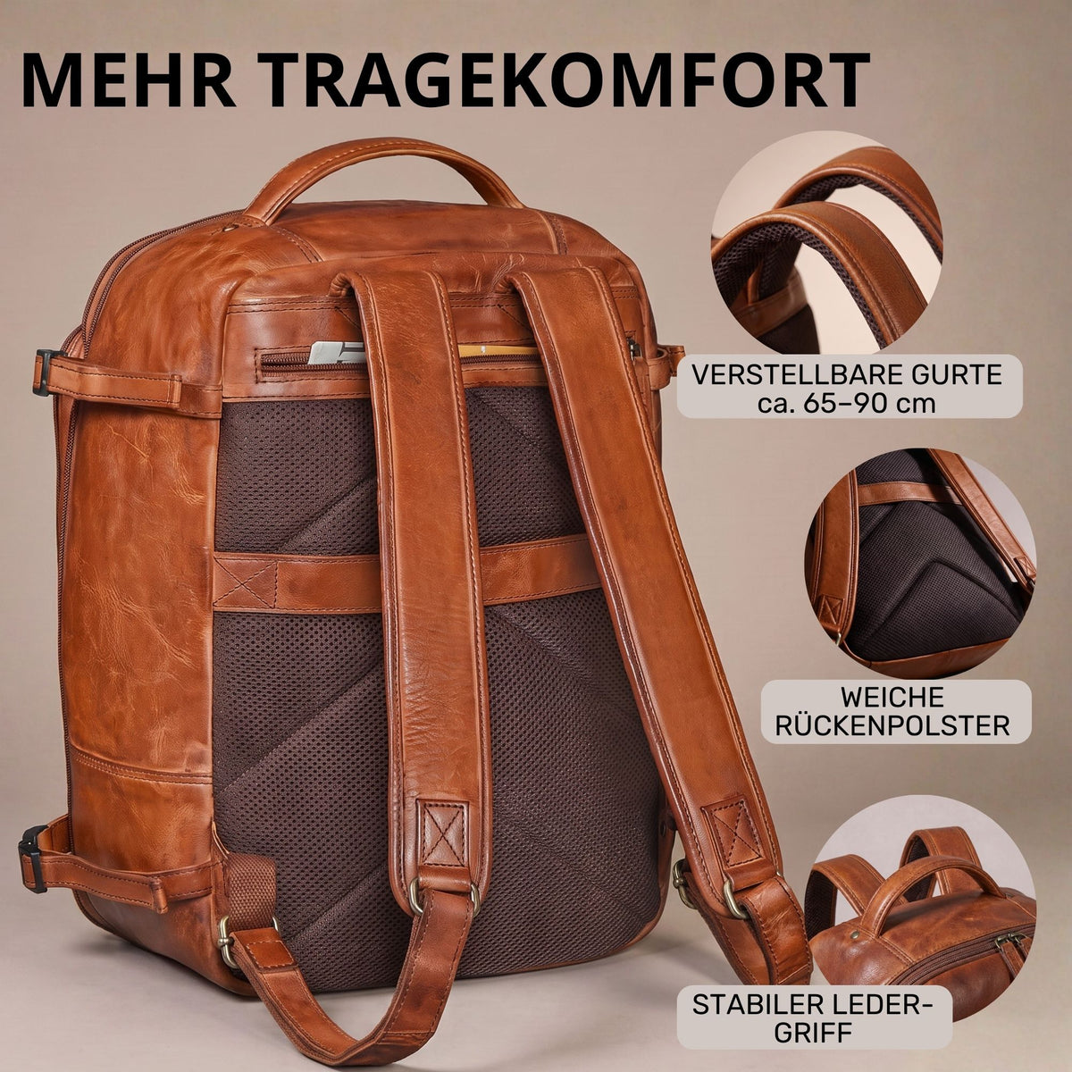 Rucksack aus cognacfarbenem Leder, Rückansicht mit gepolstertem Rücken, verstellbaren Gurten und stabilem Ledergriff, Detailinserts