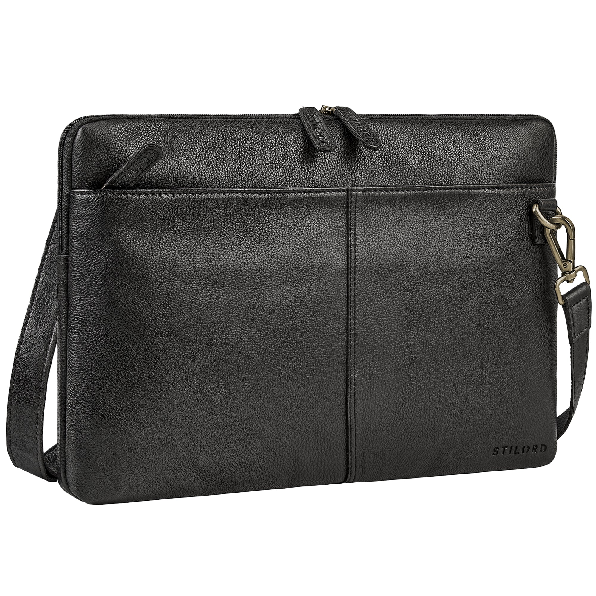 Schlanke Vintage Laptoptasche 15.6 Zoll Leder Schwarz mit abnehmbaren Schultergurt