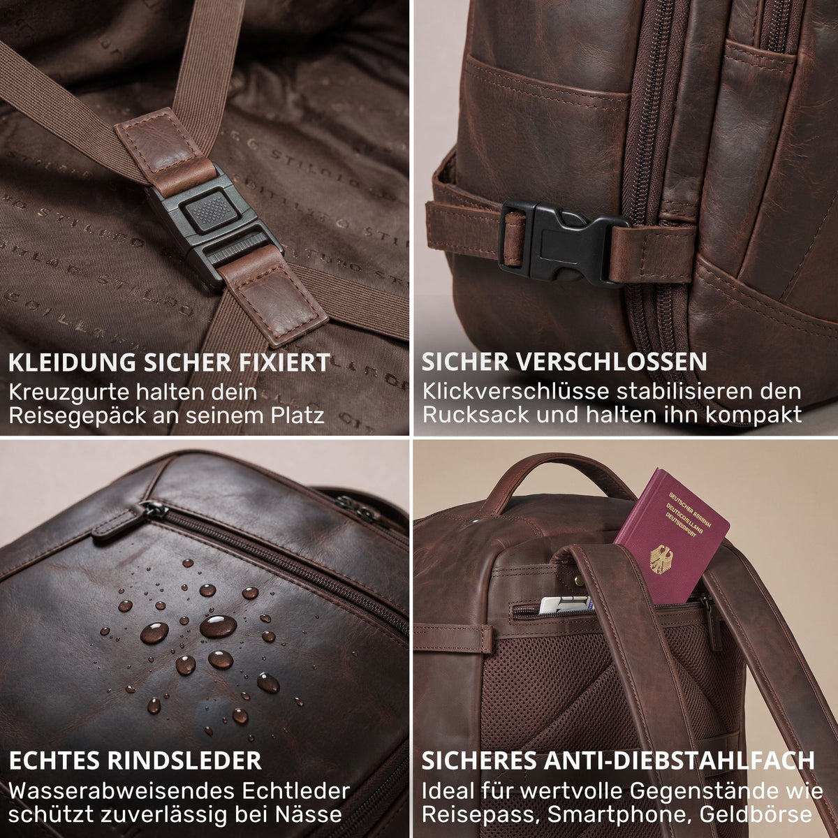 Brauner Leder-Reiserucksack, Detail-Collage: Kreuzgurte, Klickverschlüsse, Wassertropfen, verstecktes Fach mit Reisepass