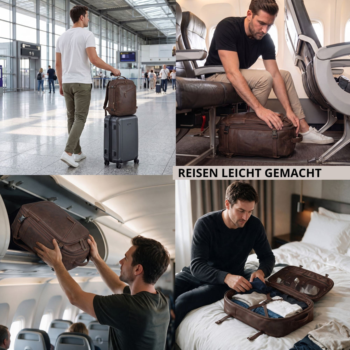 Collage: brauner Echtleder-Reiserucksack; Mann im Flughafen mit Trolley, verstaut im Flugzeug, geöffnet auf Hotelbett