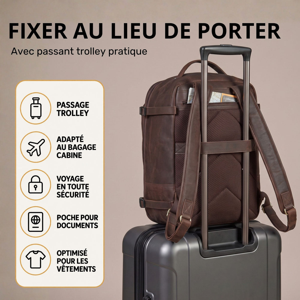 Brauner Leder-Rucksack mit Trolley-Aufsteckfunktion, Rückansicht auf Koffergriff, Detail der Rückenpolsterung.