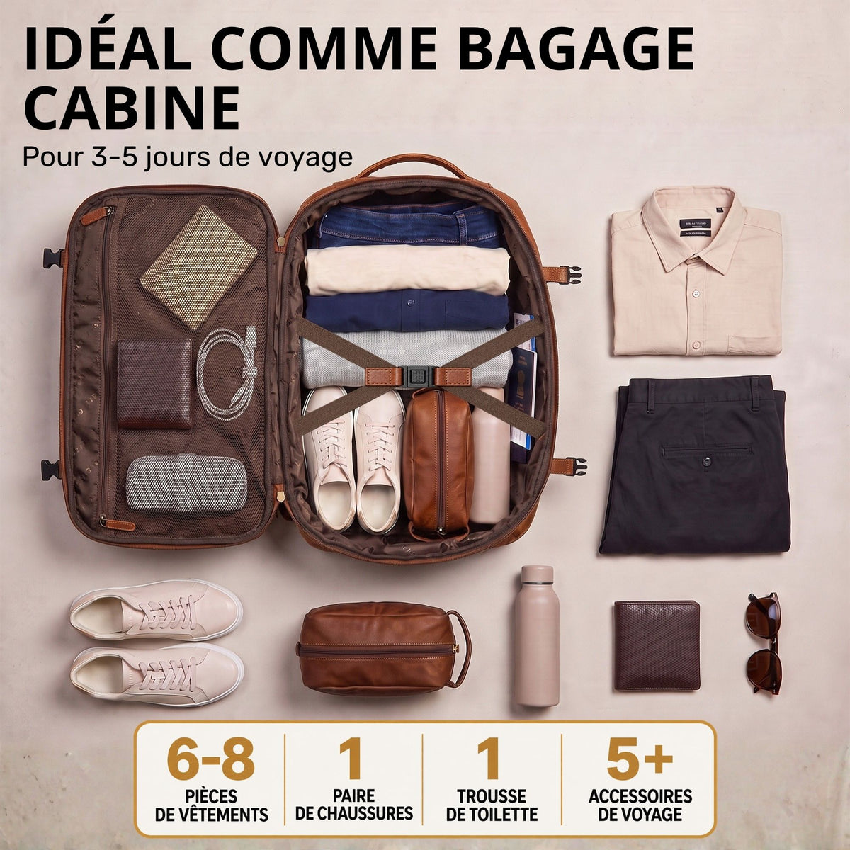 Geöffnete cognacfarbene Reisetasche aus Leder mit Kleidung, Schuhen, Kulturbeutel, Trinkflasche und Accessoires, Draufsicht