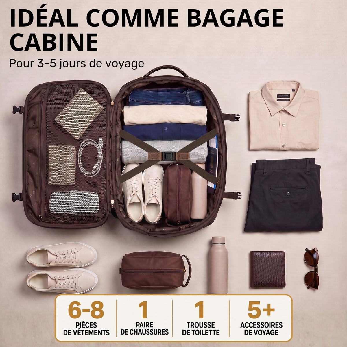 Offener 30L Rucksack zamora braun aus Leder, Draufsicht mit gepackter Kleidung, Schuhen, Kulturbeutel und Reise-Accessoires.