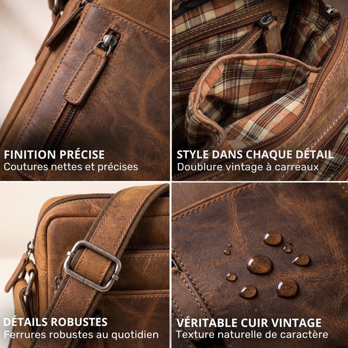 Nahaufnahmen der braunen Dain Schultertasche aus Vintage-Leder: Nähte, Reißverschluss, kariertes Innenfutter, Gurt und Wasserperlen