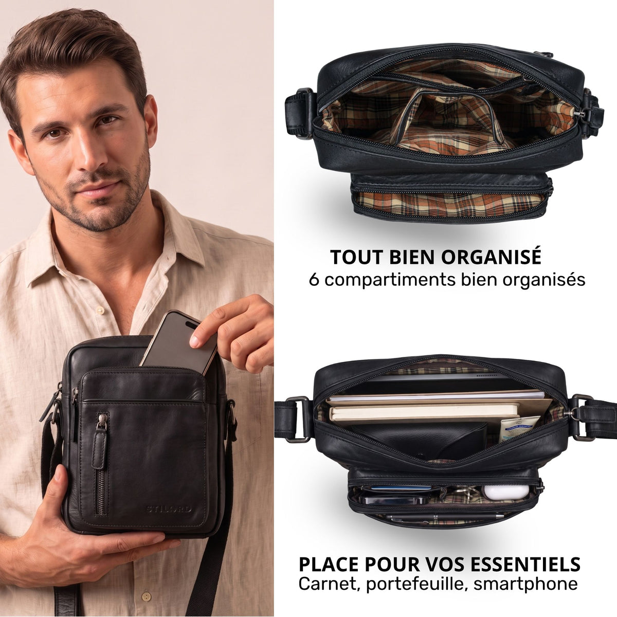 Kleine schwarze Leder-Schultertasche, frontal gehalten von Mann; geöffnete Innenansicht mit kariertem Futter und mehreren Fächern