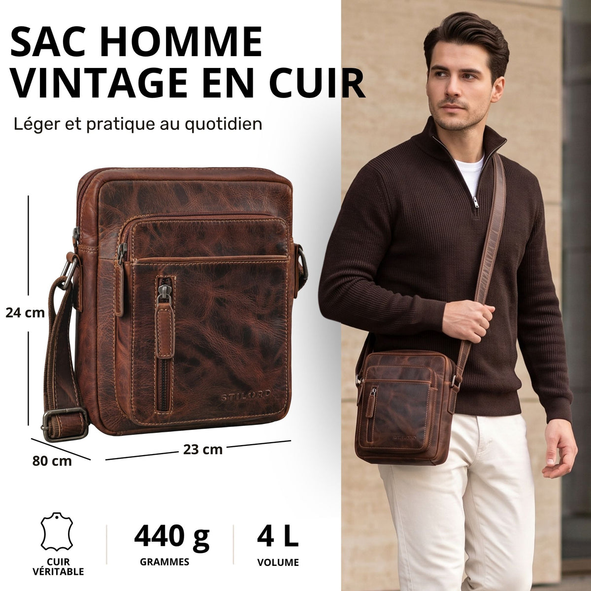Kleine braune Leder-Schultertasche für Herren, Vorderansicht mit Maßangaben links, Modell trägt Tasche rechts