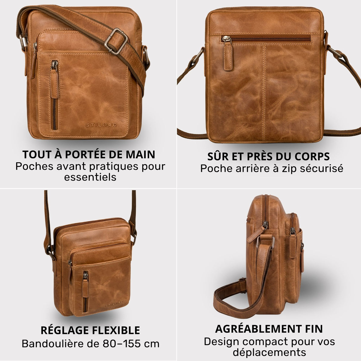 Kleine Herren-Schultertasche aus Leder Perugia-Braun, Collage: Fronttaschen, Rückfach mit Reißverschluss, verstellbarer Gurt, Seitenansicht