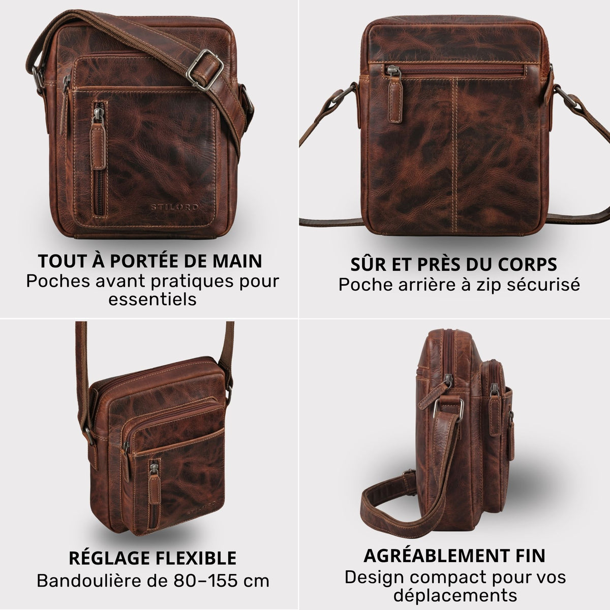 Kleine Herren-Schultertasche aus braunem Salerno-Leder, Vorderansicht mit Fronttaschen, Reißverschlüssen und verstellbarem Gurt