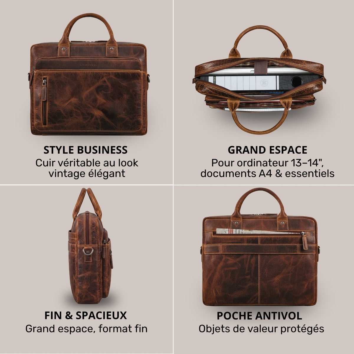 Vier Ansichten einer braunen Leder-Business-Tasche (luino) mit Laptopfach 13–14", schmaler Seitenansicht, Rückfach mit Reißverschluss und STILORD-Prägung