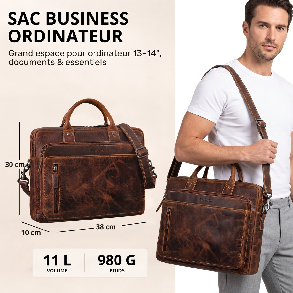 Braune Leder-Business-Tasche mit 13-14 Zoll Laptopfach, Vorderansicht mit Maßen und Mann trägt sie über der Schulter