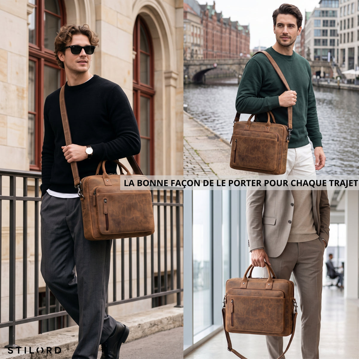 Braune Leder-Business-Tasche bergamo, drei Ansichten: Schultertrage, in der Hand, Außenansicht mit Stadthintergrund