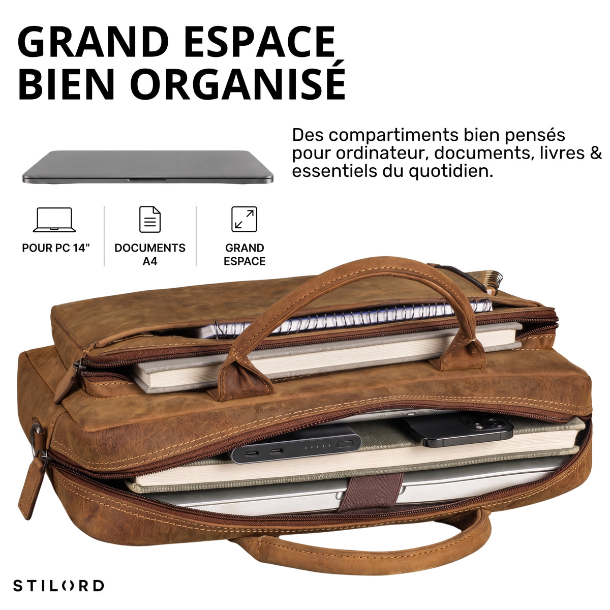 Braune Leder-Business-Tasche bergamo geöffnet mit Laptop 13–14", Notizbüchern und Powerbank, Nahaufnahme