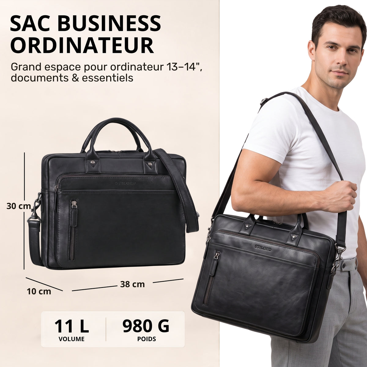 Schwarze Leder Business-Tasche mit Laptopfach 13–14 Zoll, Fronttasche, Schulterriemen, Modell trägt sie, STILORD Prägung