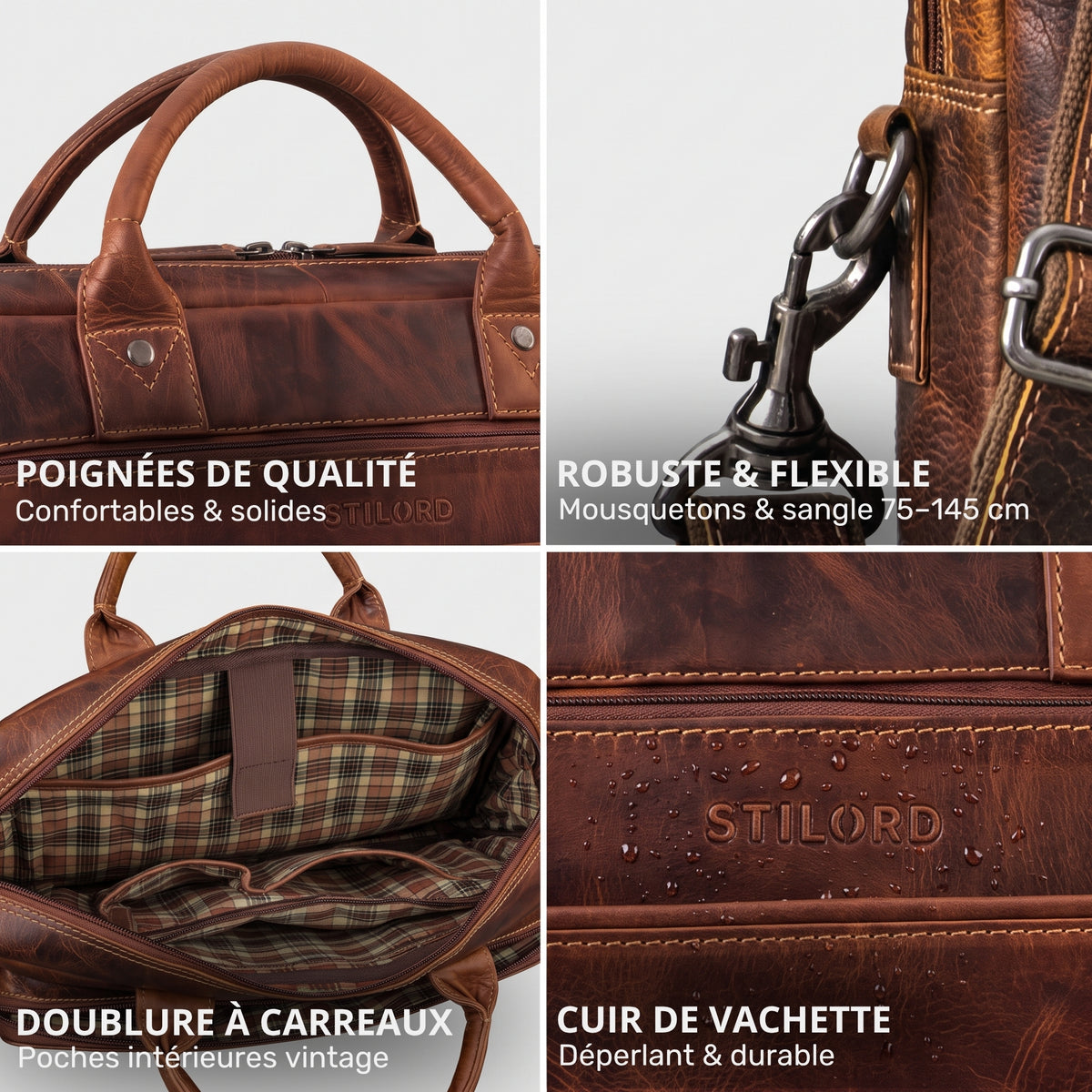 Braune Leder-Business-Tasche, Griffe, Karofutter, Gurtkarabiner und geprägtes STILORD-Logo mit Wasserperlen