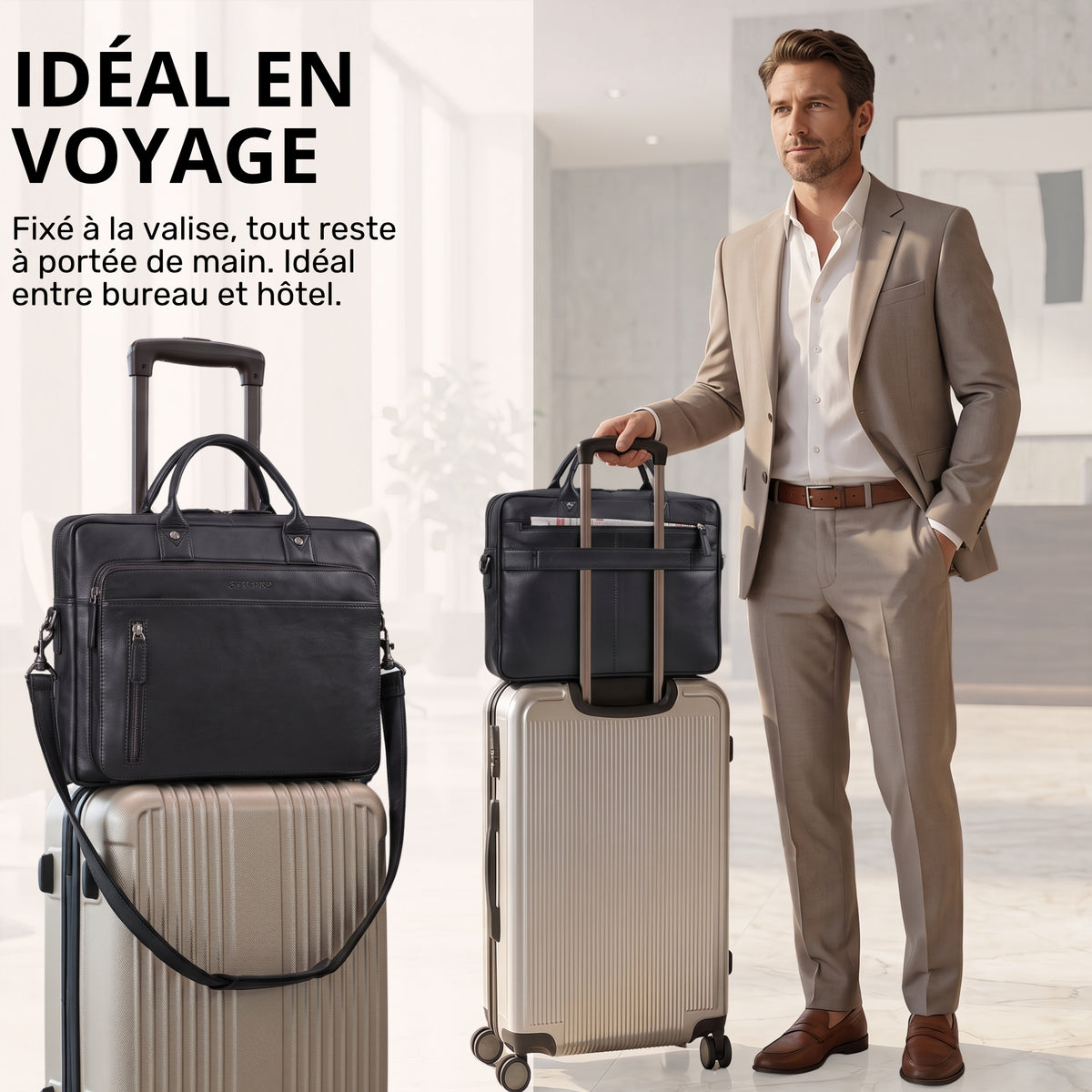 Schwarze Leder-Business-Tasche mit Laptopfach 13–14 Zoll auf Rollkoffer, Tragegriff und Schulterriemen, Mann im Anzug