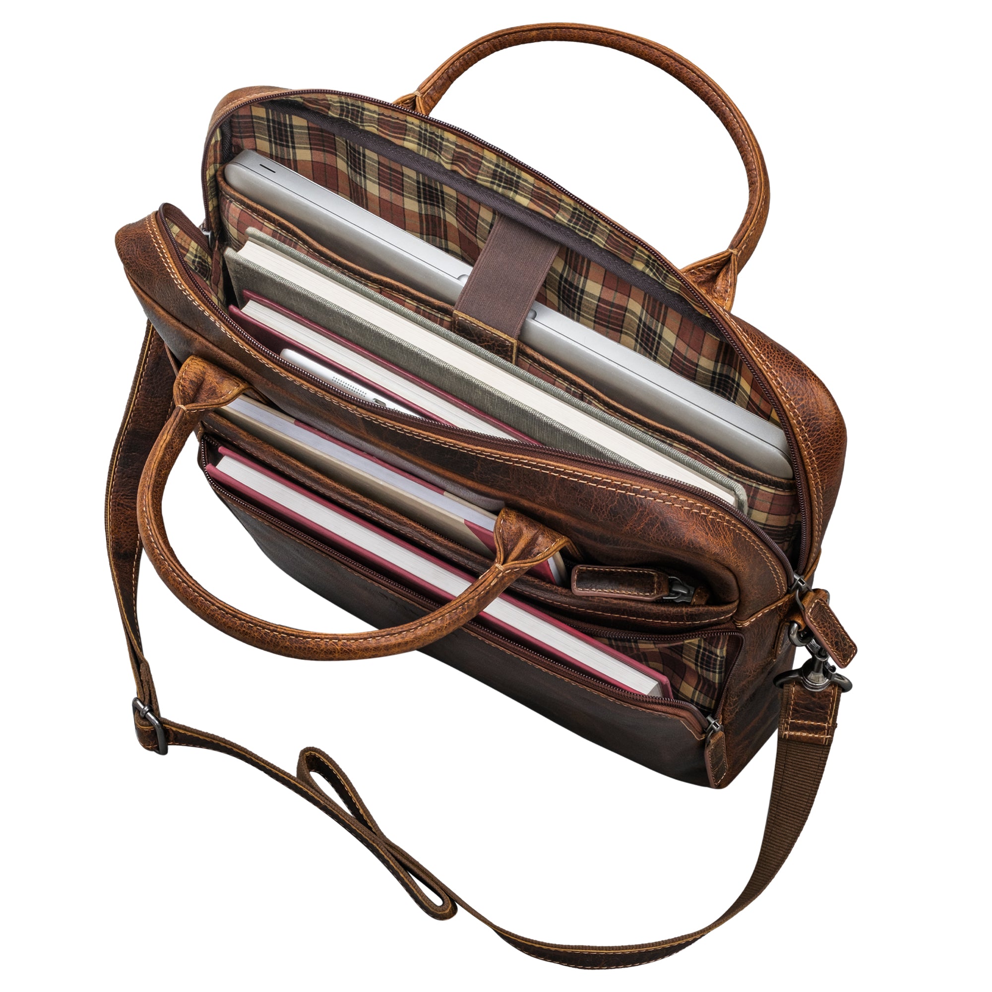 Große Schultertasche Leder braun mit vielen Fächern