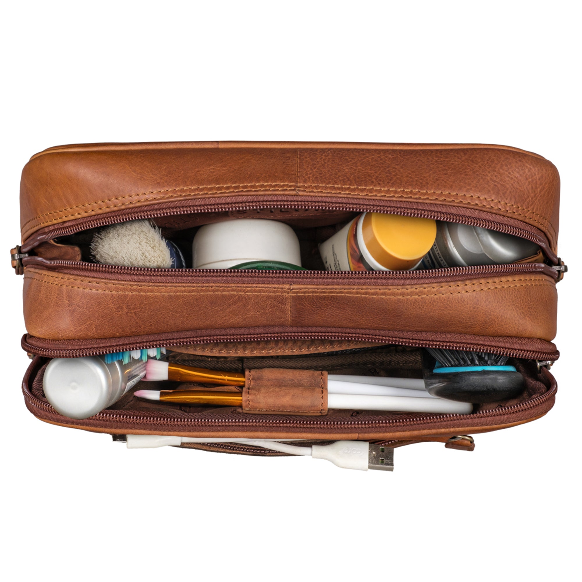 Kulturbeutel Damen Leder cognac