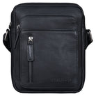 Kleine schwarze Schultertasche aus glattem Rindleder, Fronttasche mit senkrechtem Reißverschluss und STILORD-Prägung