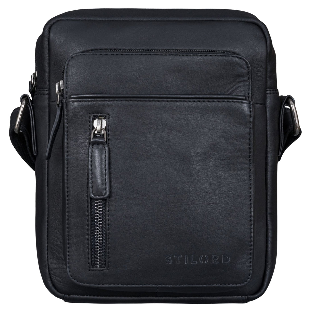 Kleine schwarze Schultertasche aus glattem Rindleder, Fronttasche mit senkrechtem Reißverschluss und STILORD-Prägung