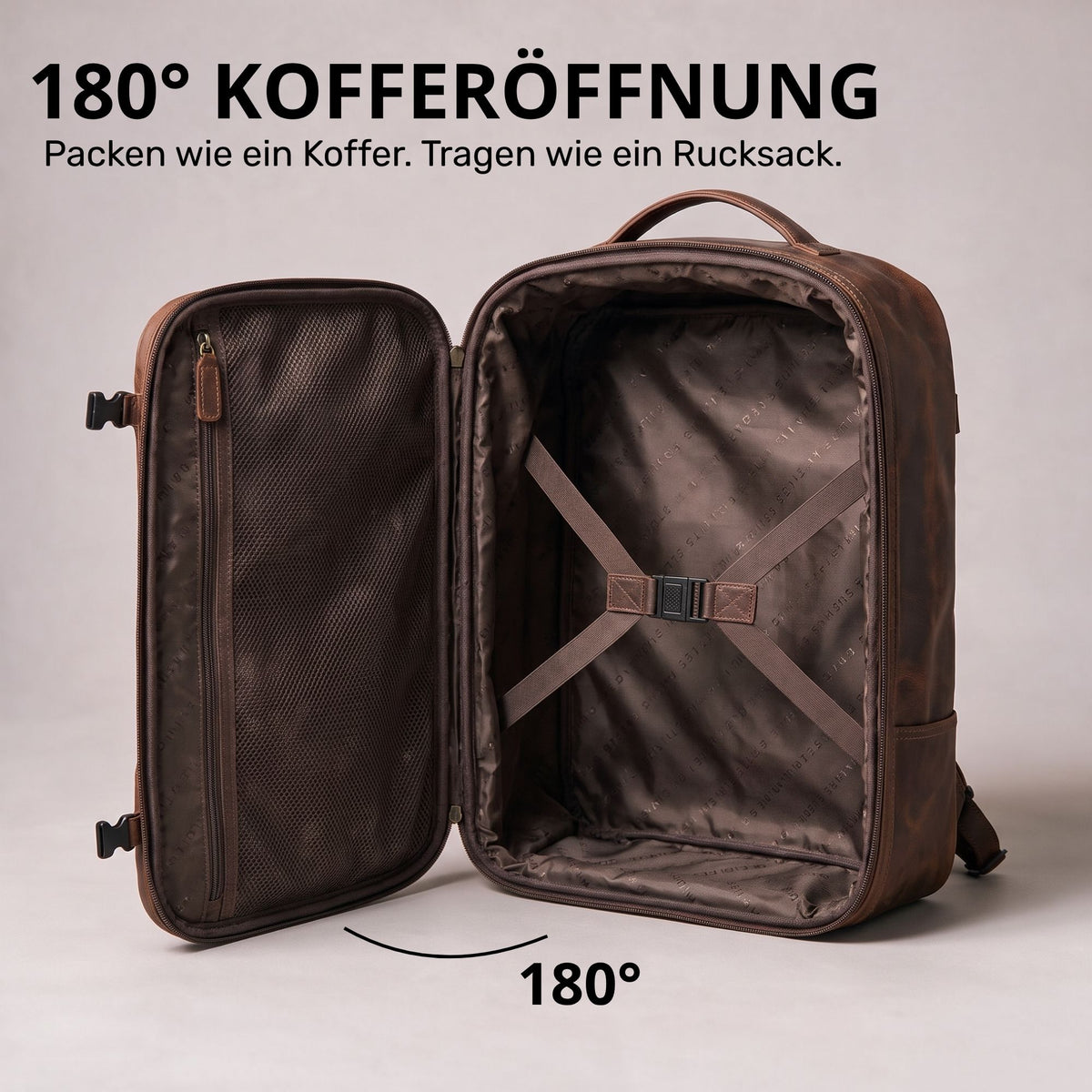 brauner Rucksack aus Leder offen mit 180° Kofferöffnung, Innenraum mit Kreuzspanngurt und Reißverschlussfach