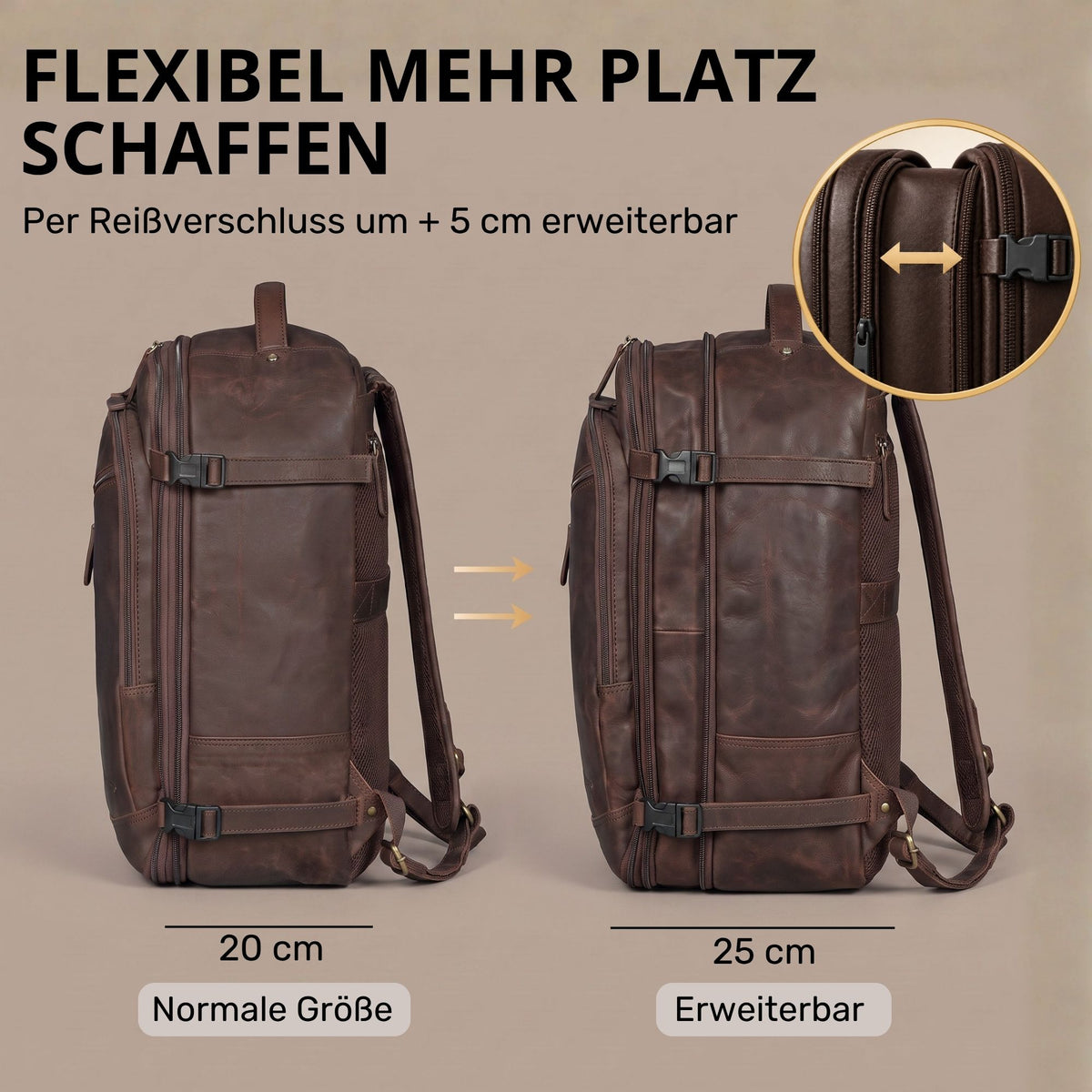 Brauner Leder-Reiserucksack (zamora), Seitenansicht, per Reißverschluss um 5 cm erweiterbar, Detail-Zoom auf Zipper