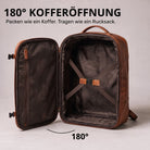 Offener cognacfarbener Rucksack aus Leder mit 180° Kofferöffnung, Innenraum mit Kreuzspanngurten und Reißverschlussfach