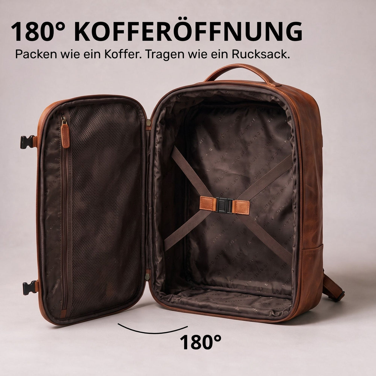 Offener cognacfarbener Rucksack aus Leder mit 180° Kofferöffnung, Innenraum mit Kreuzspanngurten und Reißverschlussfach