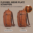 Cognacfarbener Leder-Reiserucksack, Seitenansicht: normale und um 5 cm erweiterbare Version, Detail Reißverschluss