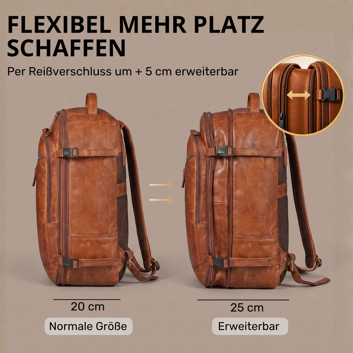 Cognacfarbener Leder-Reiserucksack, Seitenansicht: normale und um 5 cm erweiterbare Version, Detail Reißverschluss