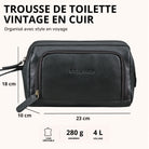Trousse de toilette cuir noir, vue de face avec estampage STILORD et indications de dimensions 23×10×18 cm