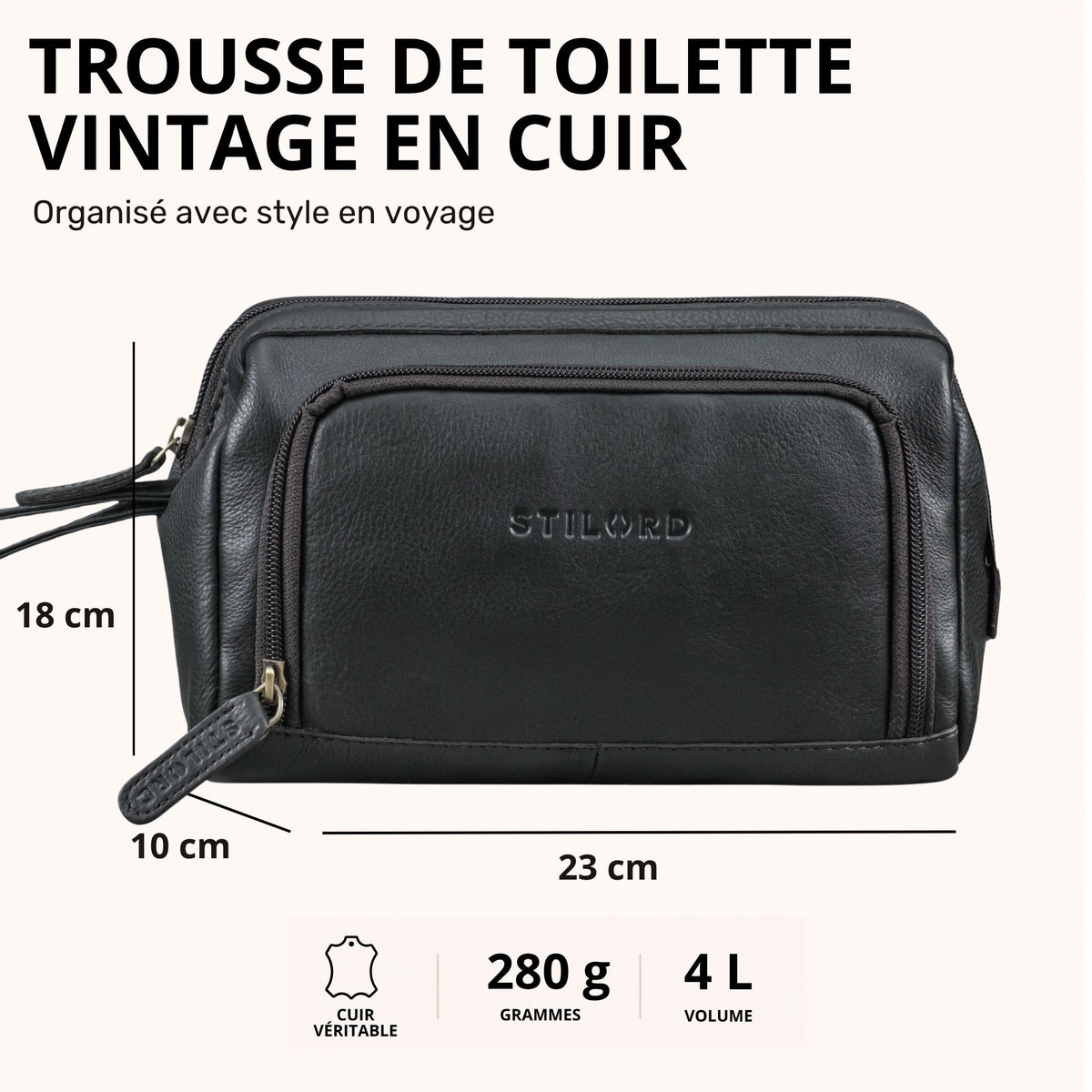 Trousse de toilette cuir noir, vue de face avec estampage STILORD et indications de dimensions 23×10×18 cm