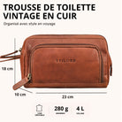 Trousse de toilette en cuir marron maraska, vue de face avec logo STILORD embossé et dimensions 23x10x18 cm