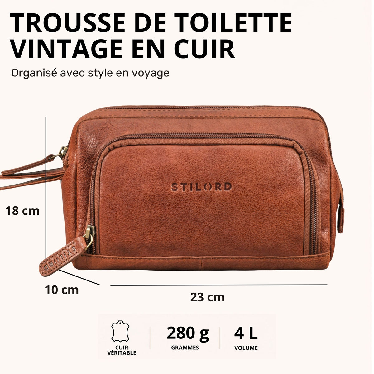 Trousse de toilette en cuir marron maraska, vue de face avec logo STILORD embossé et dimensions 23x10x18 cm